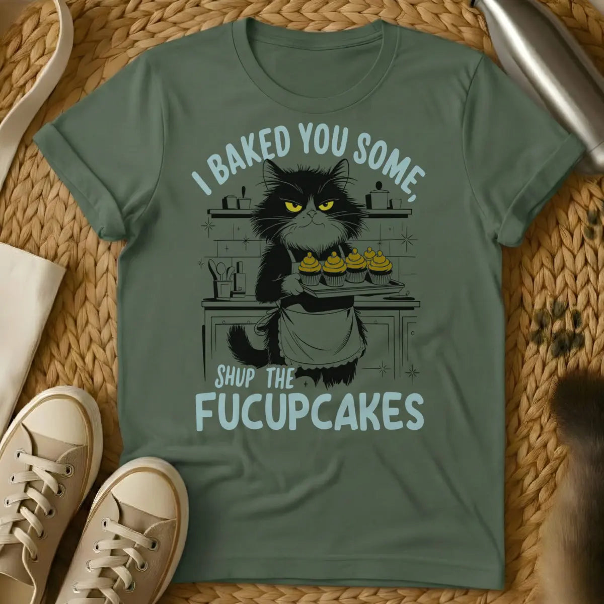 Cake Cat T-Shirt - Military Green T-Shirt - birthday cake bandit, cat food dominance, food thief cat