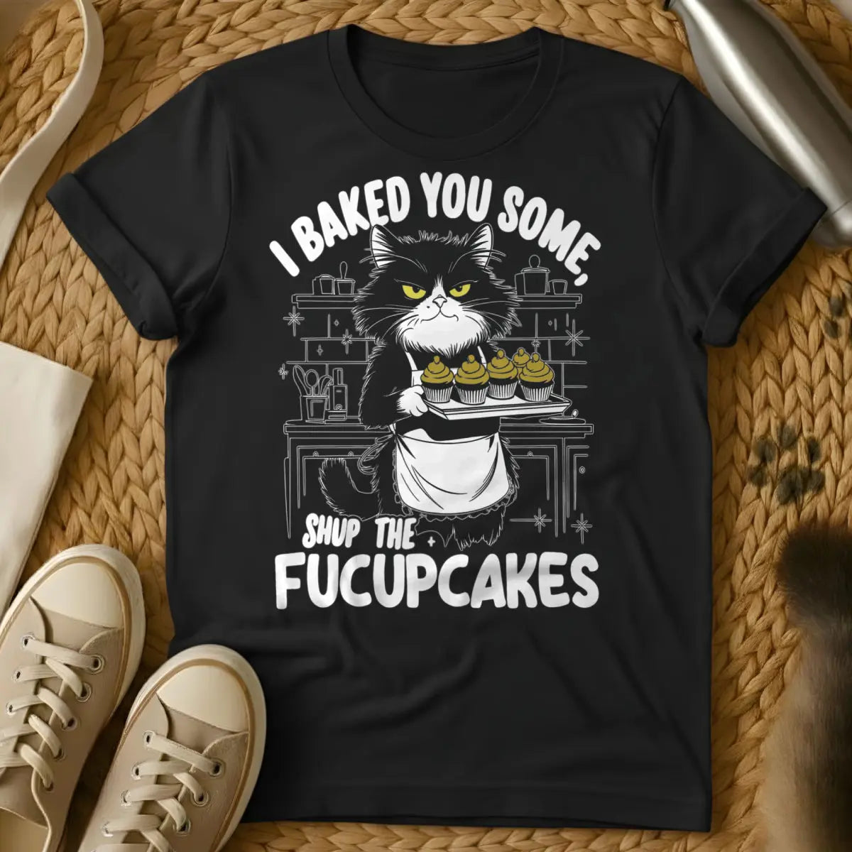 Cake Cat T-Shirt - Black T-Shirt - birthday cake bandit, cat food dominance, food thief cat