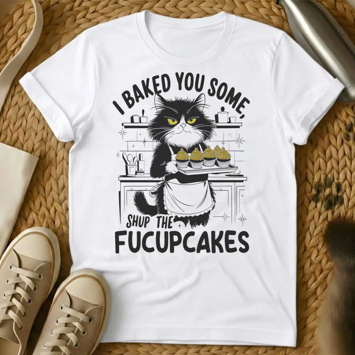 Cake Cat T-Shirt - White T-Shirt - birthday cake bandit, cat food dominance, food thief cat