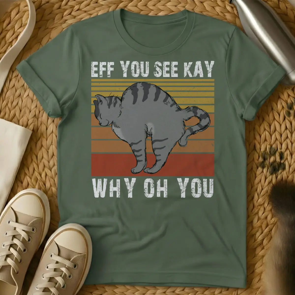 Eff You See Kay Cat Shirt - Military Green T-Shirt - censored swear word, euphemism humor, grumpy cat aesthetic