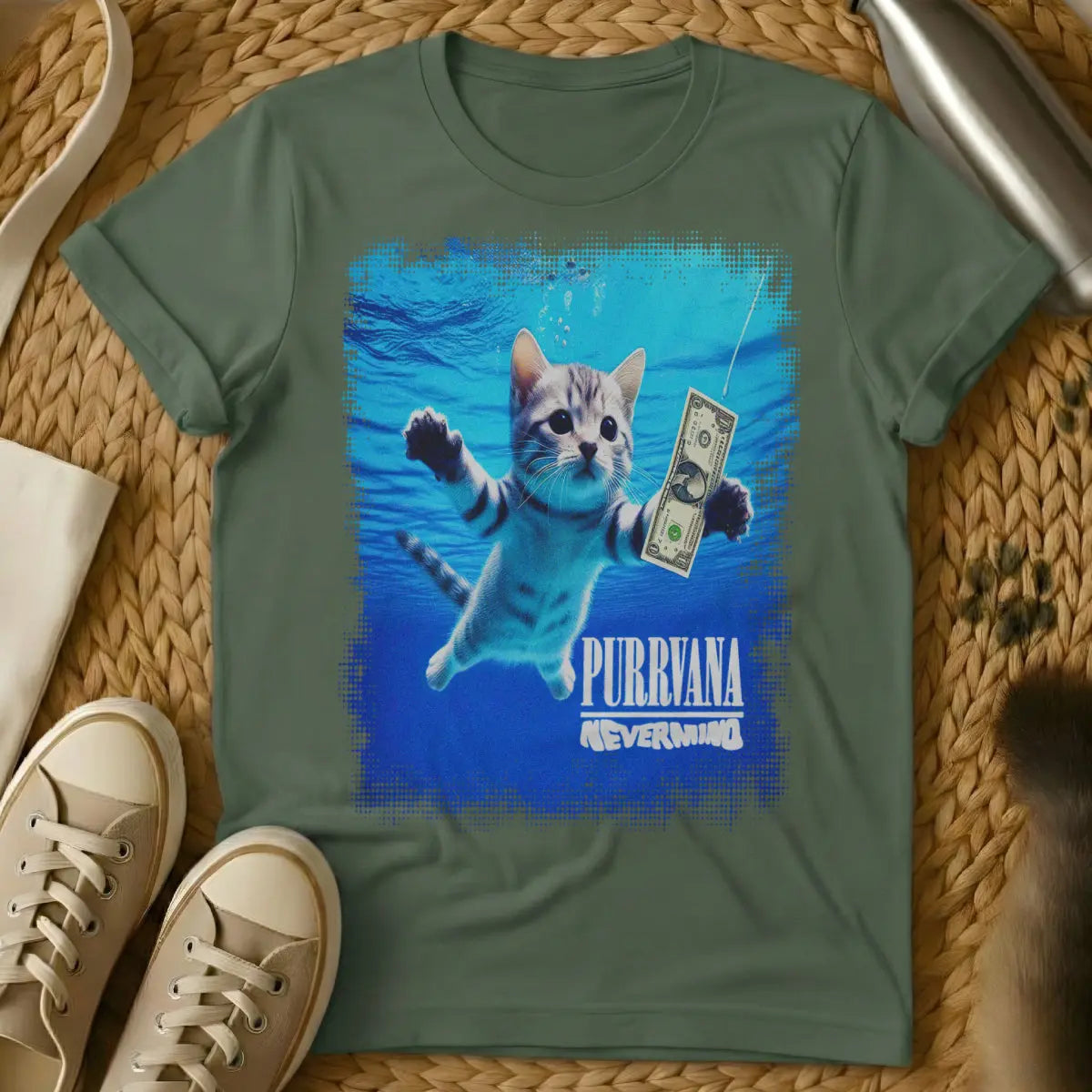Nirvana Nevermind Cat Shirt - Military Green Cat T-Shirt