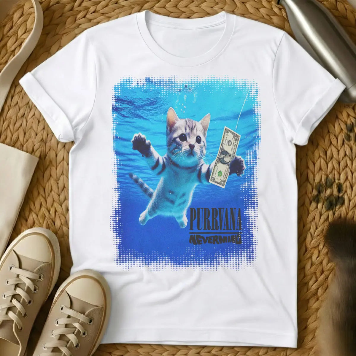 Nirvana Nevermind Cat Shirt - White Cat T-Shirt