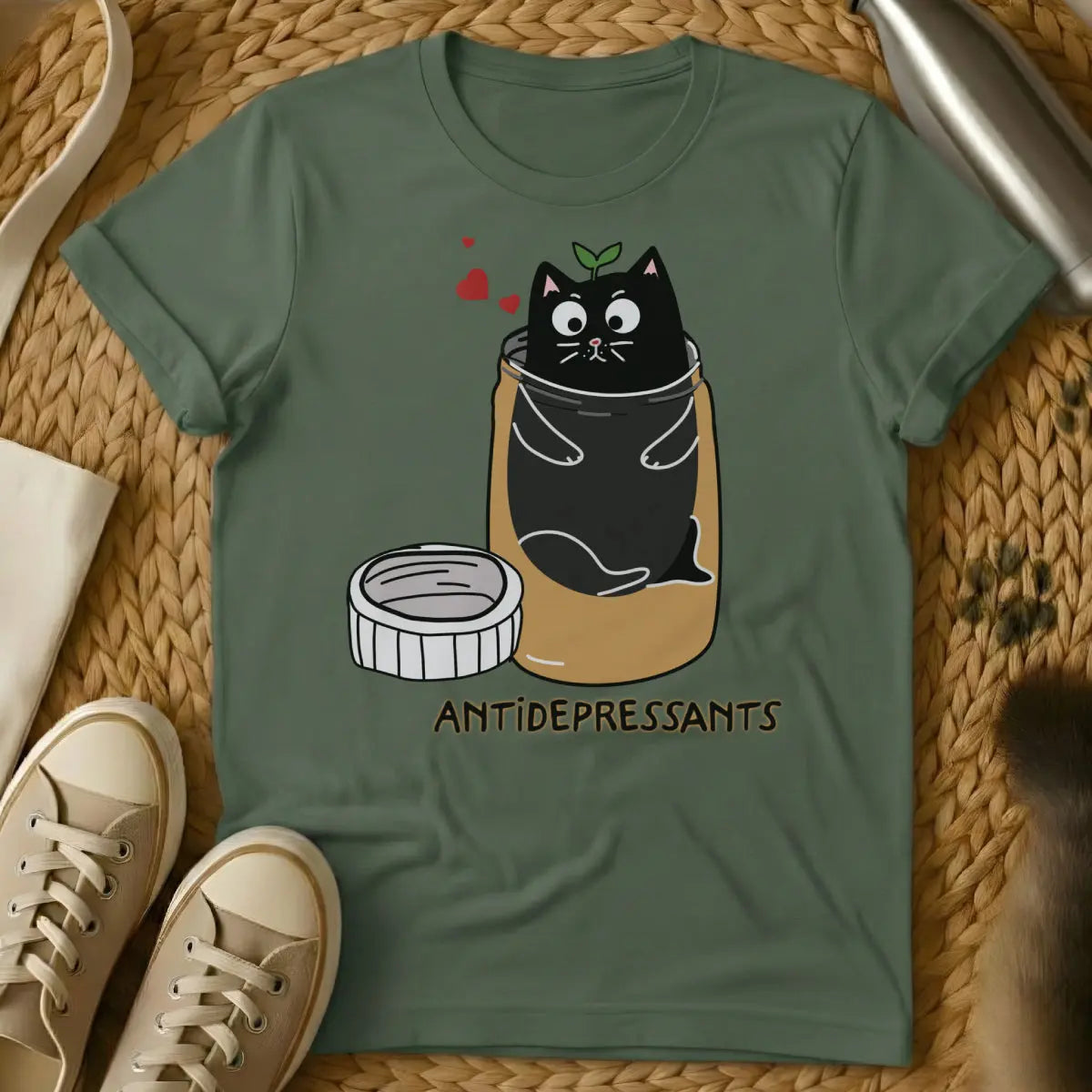 Antidepressants Cat Shirt - Military Green T-Shirt - emotional support cat, feline therapy, mental wellness cat
