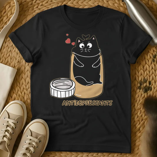 Antidepressants Cat Shirt - Black T-Shirt - emotional support cat, feline therapy, mental wellness cat