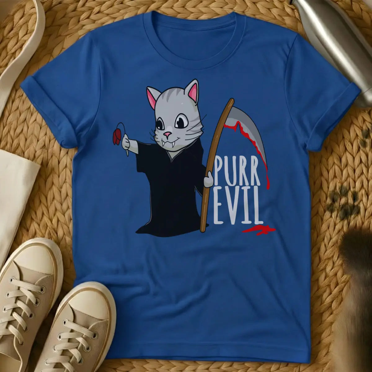 Evil Cat Shirt - Blue T-Shirt - chaos agent cat, existential cat, feline mastermind