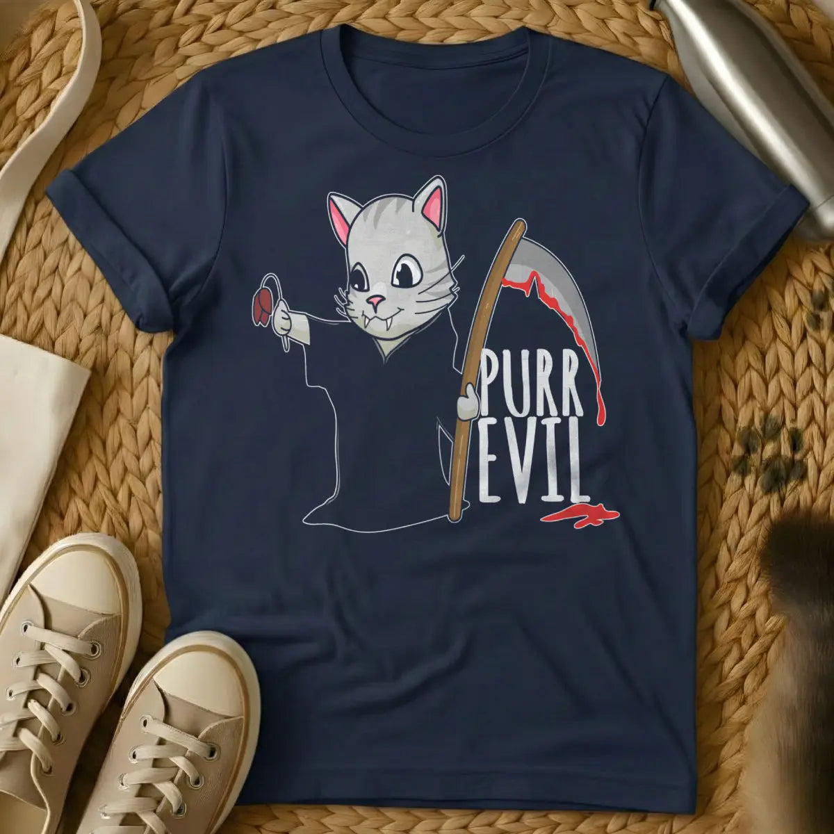 Evil Cat Shirt - Navy T-Shirt - chaos agent cat, existential cat, feline mastermind