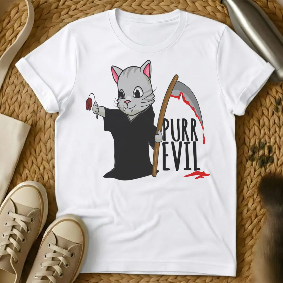 Evil Cat Shirt - White T-Shirt - chaos agent cat, existential cat, feline mastermind