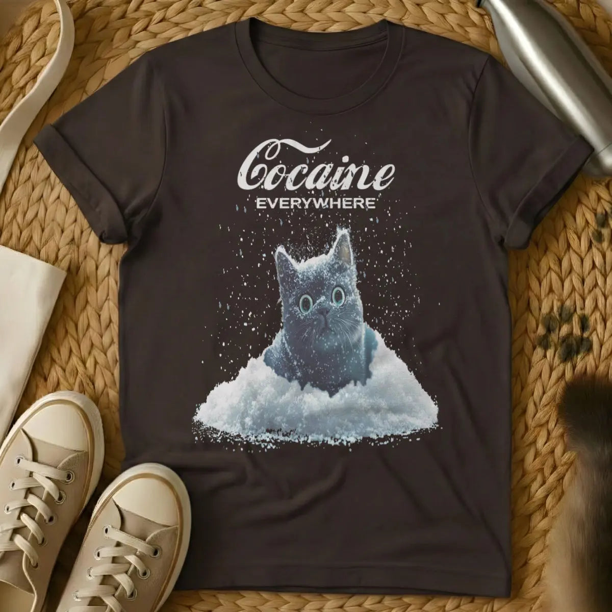 Cat in Snow Cat Tee - Dark Chocolate T-Shirt - feline regret meme, indoor cat problems, relatable cat humor