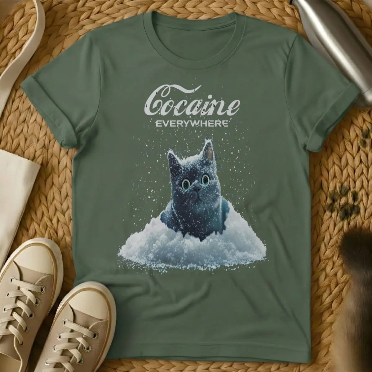 Cat in Snow Cat Tee - Military Green T-Shirt - feline regret meme, indoor cat problems, relatable cat humor