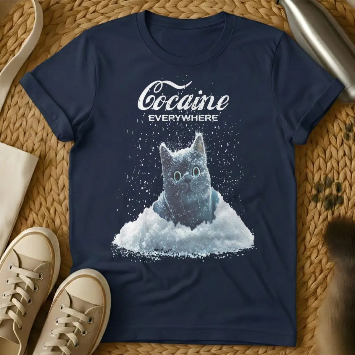Cat in Snow Cat Tee - Navy T-Shirt - feline regret meme, indoor cat problems, relatable cat humor