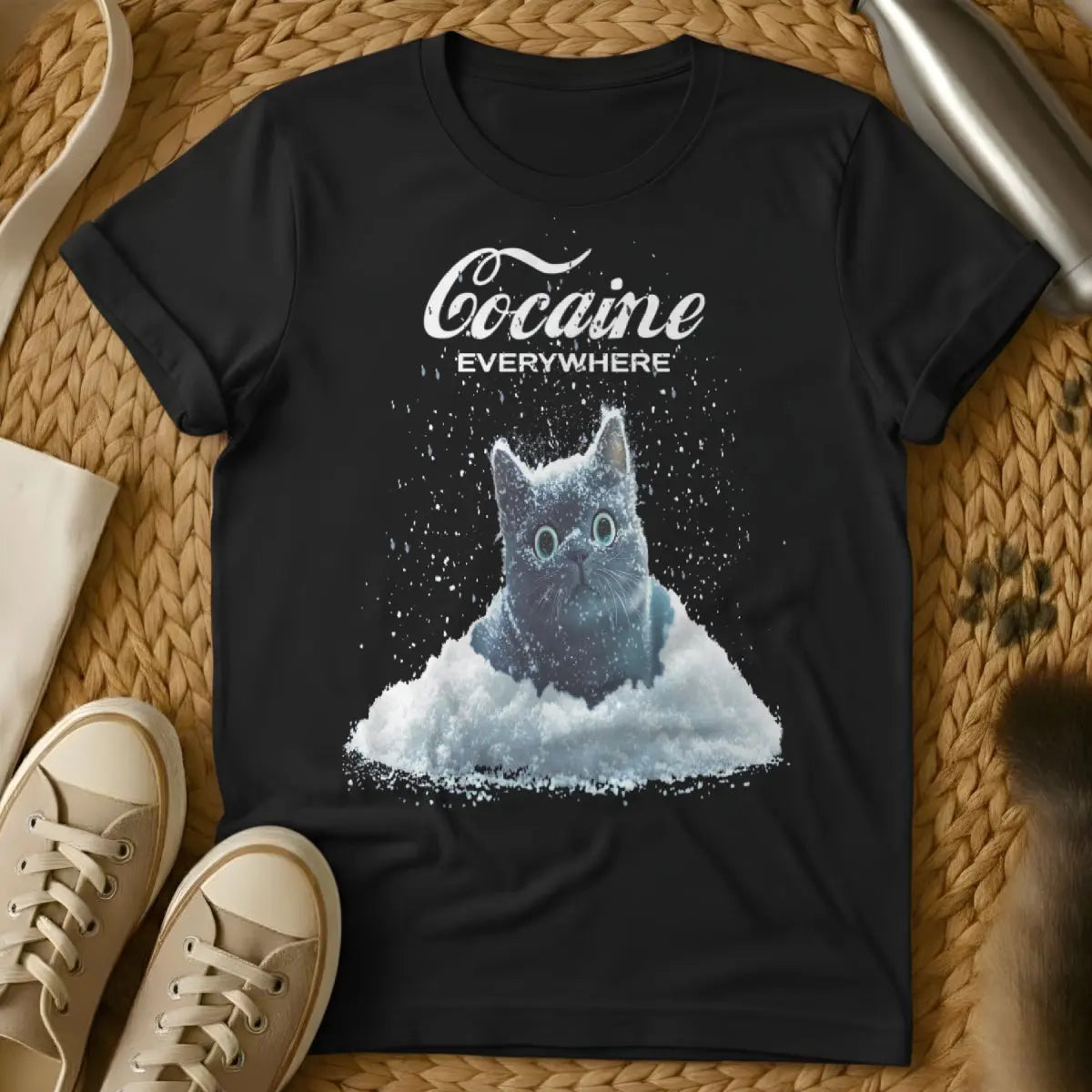 Cat in Snow Cat Tee - Black T-Shirt - feline regret meme, indoor cat problems, relatable cat humor
