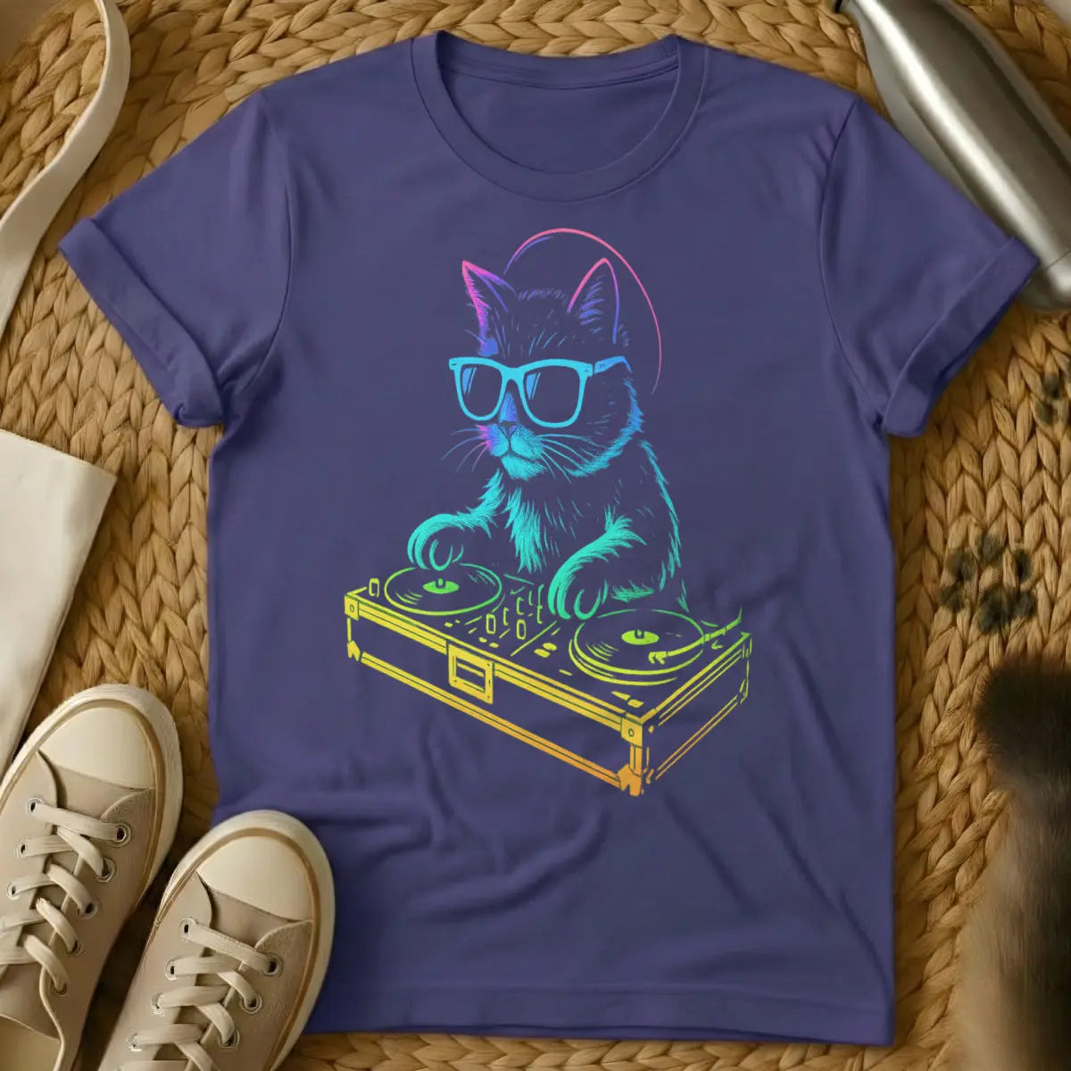 DJ Cat Shirt - Purple T-Shirt - cat parent humor, feline frequencies, insomniac pet