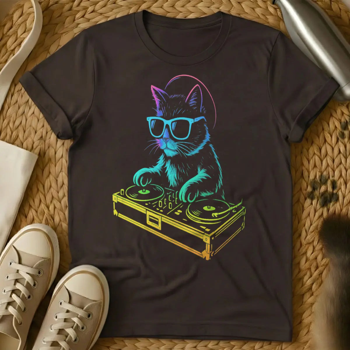 DJ Cat Shirt - Dark Chocolate T-Shirt - cat parent humor, feline frequencies, insomniac pet