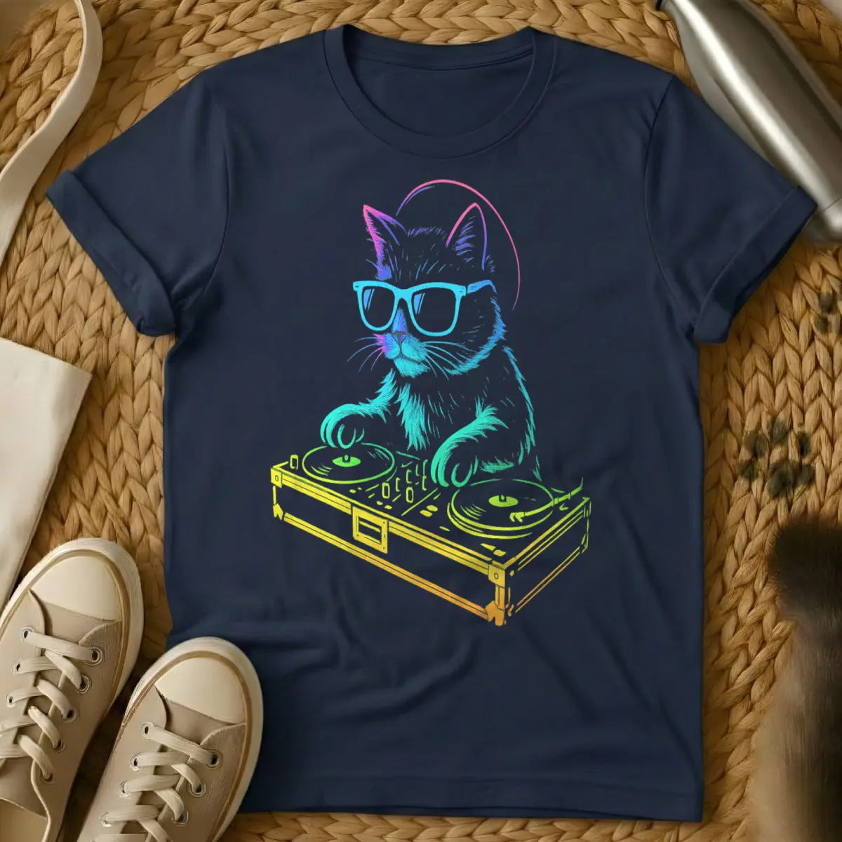 DJ Cat Shirt - Navy T-Shirt - cat parent humor, feline frequencies, insomniac pet
