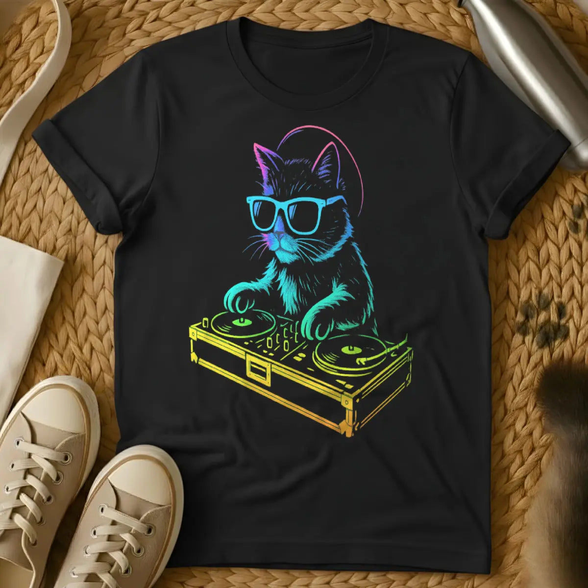 DJ Cat Shirt - Black T-Shirt - cat parent humor, feline frequencies, insomniac pet