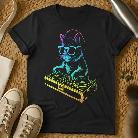 DJ Cat Shirt - Black T-Shirt - cat parent humor, feline frequencies, insomniac pet