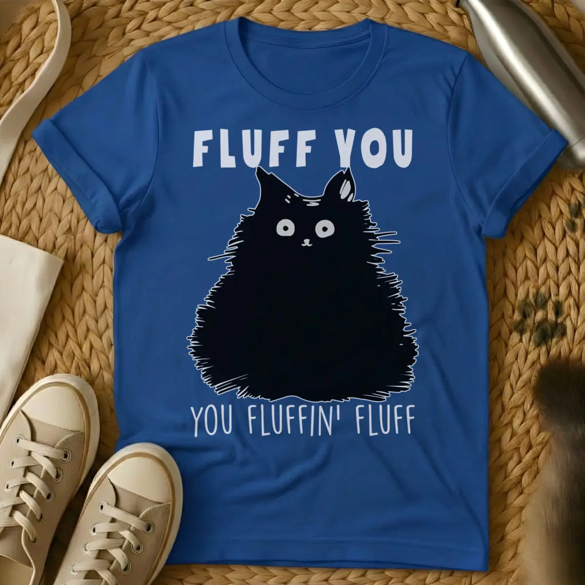 Fluff You Cat Tee - Blue T-Shirt - euphemism humor, grumpy cat aesthetic, passive aggressive humor