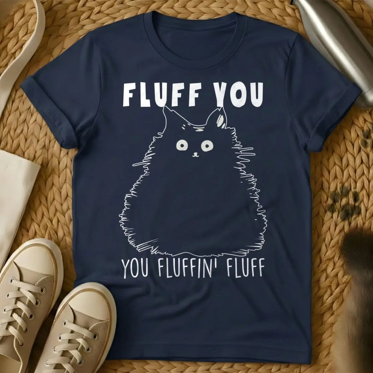 Fluff You Cat Tee - Navy T-Shirt - euphemism humor, grumpy cat aesthetic, passive aggressive humor