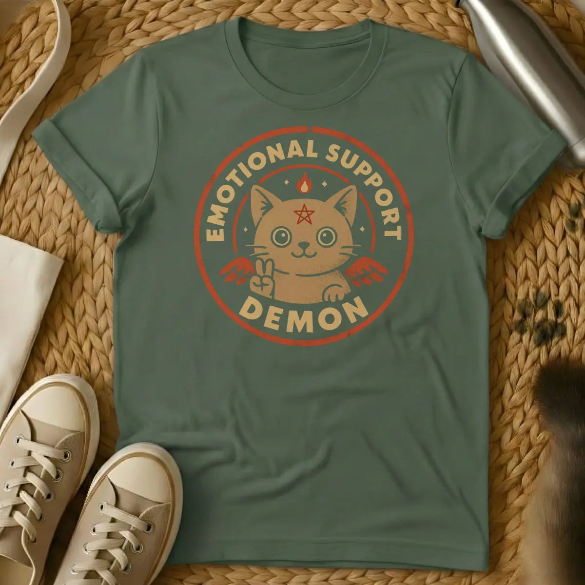 Demon Cat Shirt - Military Green T-Shirt - dark humor cat, gothic cat, occult cat