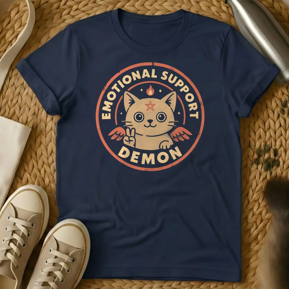 Demon Cat Shirt - Navy T-Shirt - dark humor cat, gothic cat, occult cat