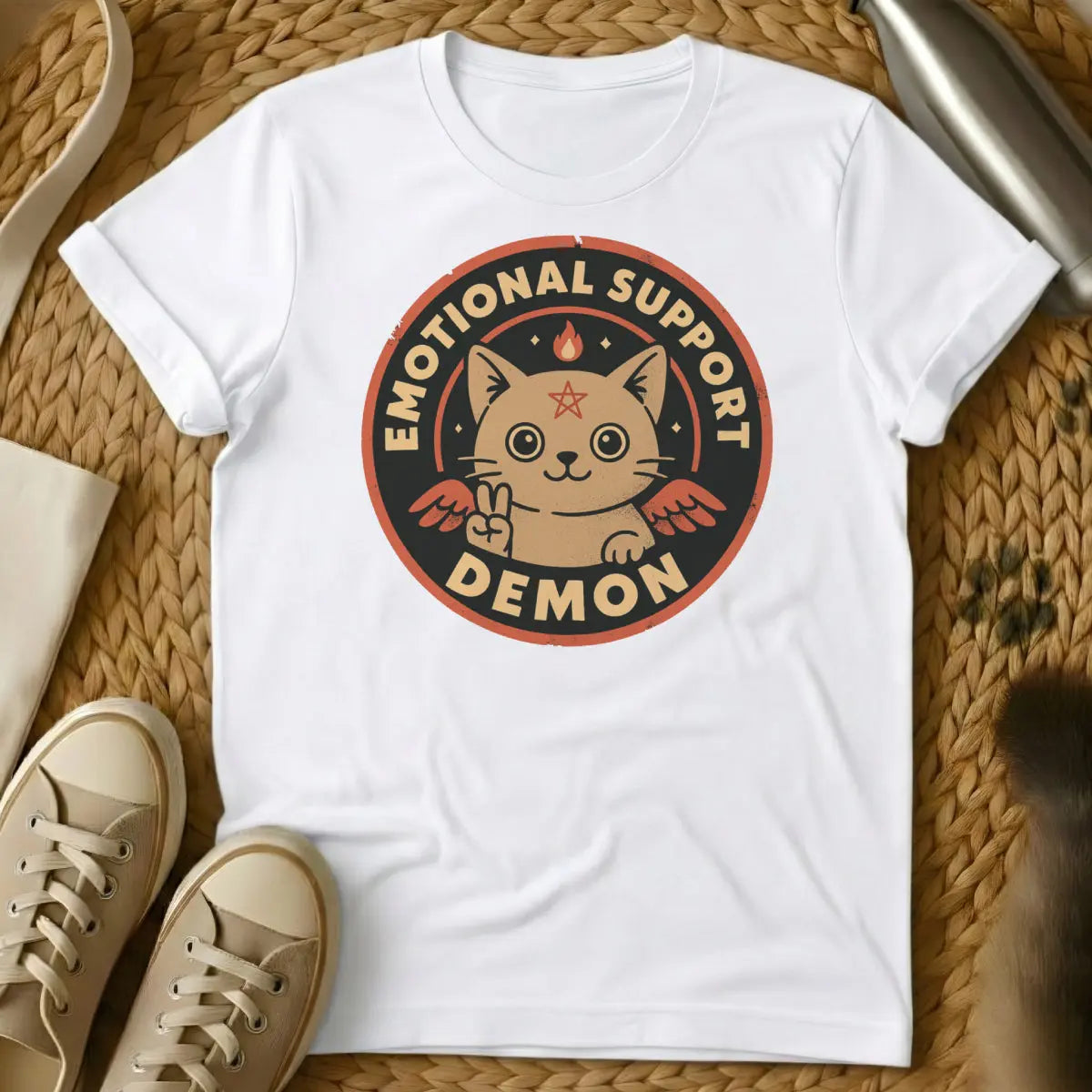 Demon Cat Shirt - White T-Shirt - dark humor cat, gothic cat, occult cat