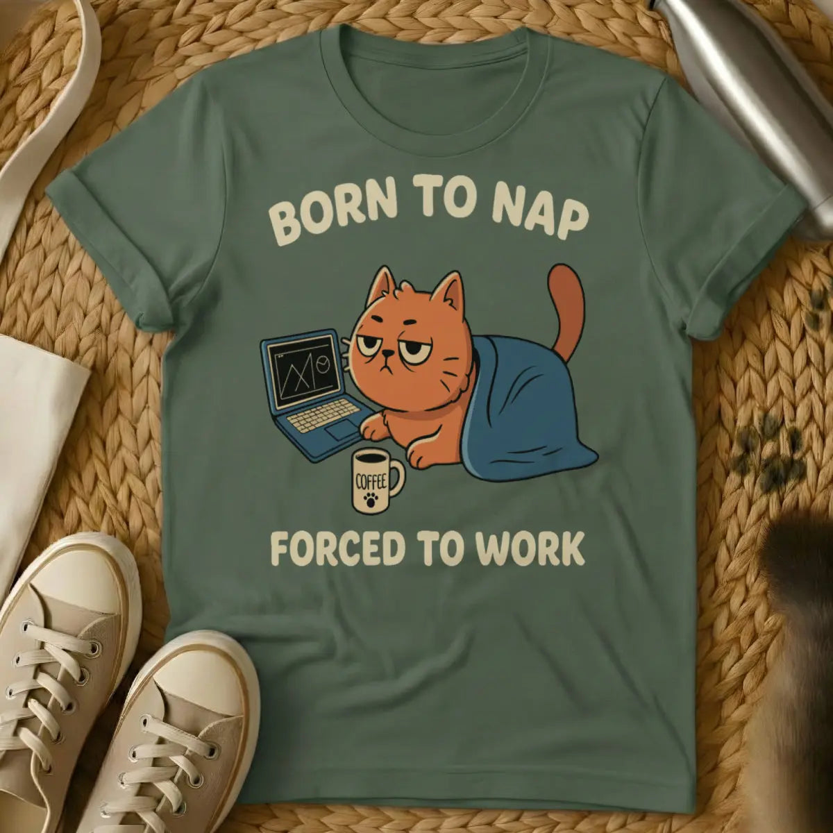 Born to Cat Forced to Work Cat Tee - Military Green T-Shirt - anti-work meme, cat envy humor, existential cat humor