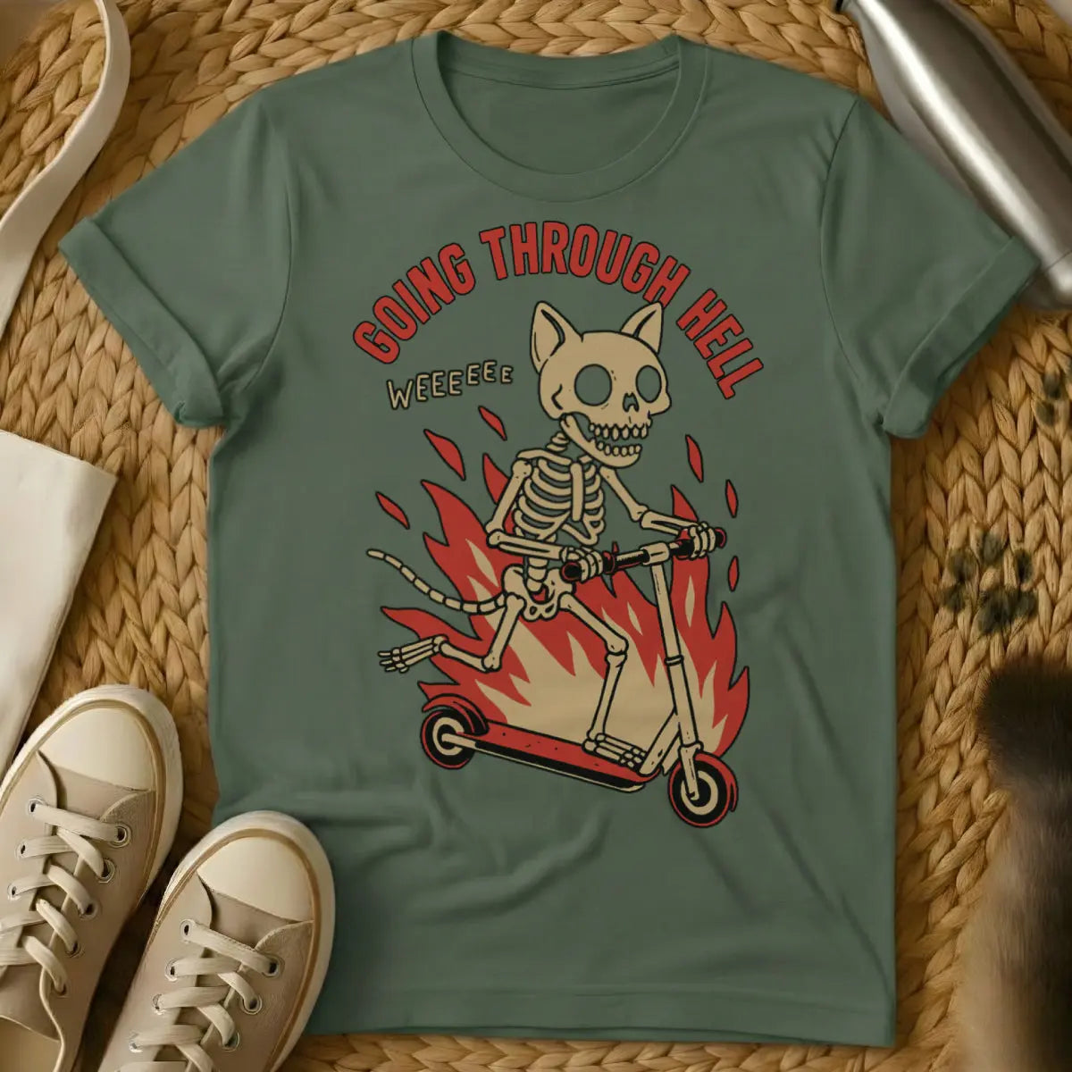 Going Through Hell Cat Tee - Military Green Cat T-Shirt
