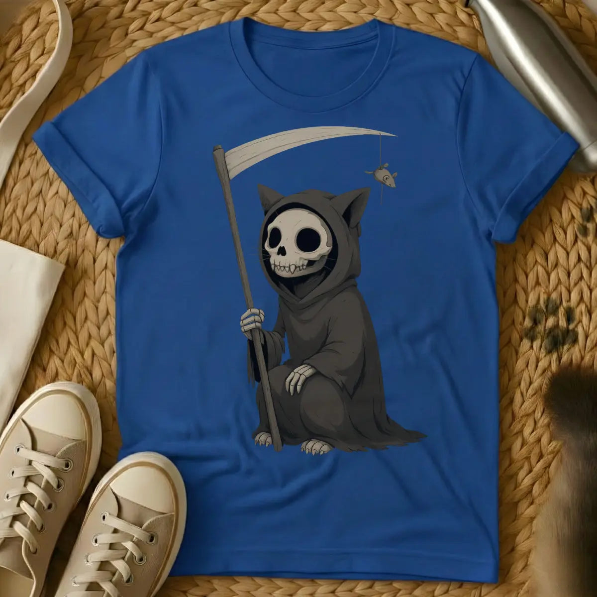 Cat Reaper Cat Tee - Blue T-Shirt - creepy cute, gothic cat, grim reaper cat