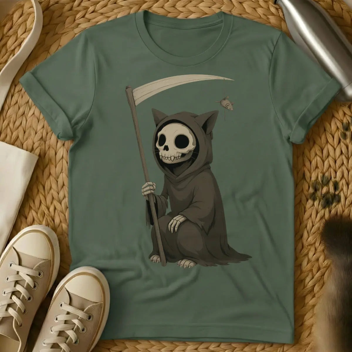 Cat Reaper Cat Tee - Military Green T-Shirt - creepy cute, gothic cat, grim reaper cat