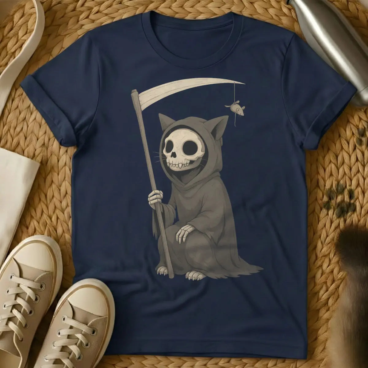 Cat Reaper Cat Tee - Navy T-Shirt - creepy cute, gothic cat, grim reaper cat