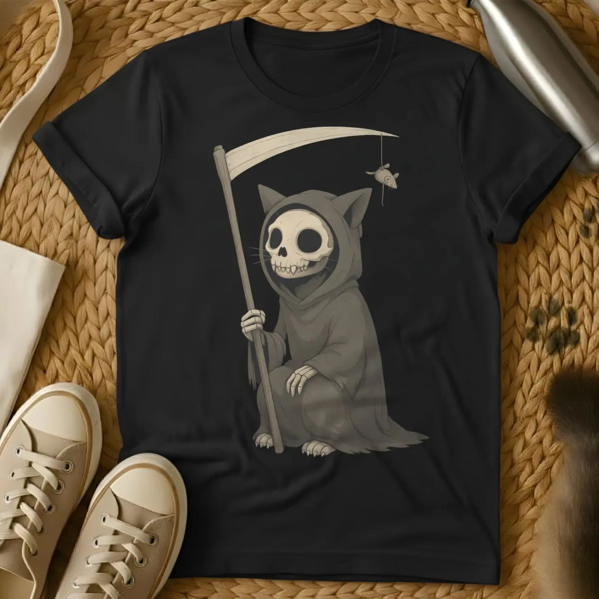 Cat Reaper Cat Tee - Black T-Shirt - creepy cute, gothic cat, grim reaper cat