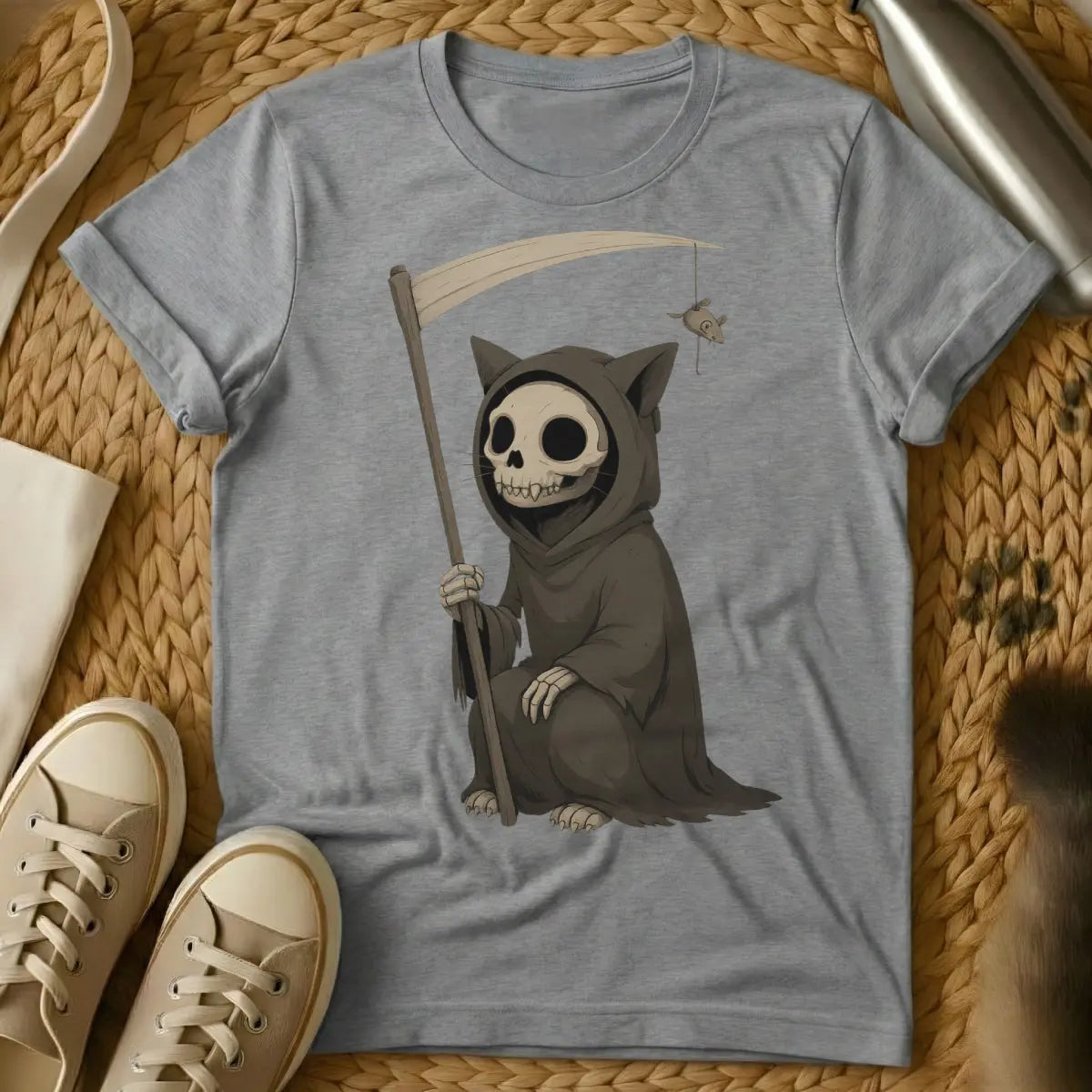 Cat Reaper Cat Tee - Gray T-Shirt - creepy cute, gothic cat, grim reaper cat
