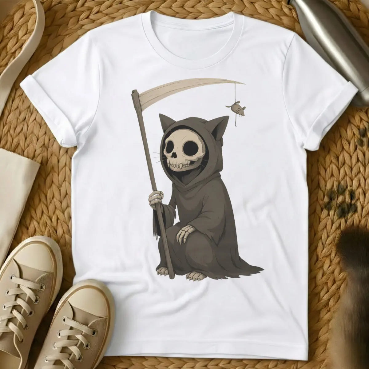 Cat Reaper Cat Tee - White T-Shirt - creepy cute, gothic cat, grim reaper cat