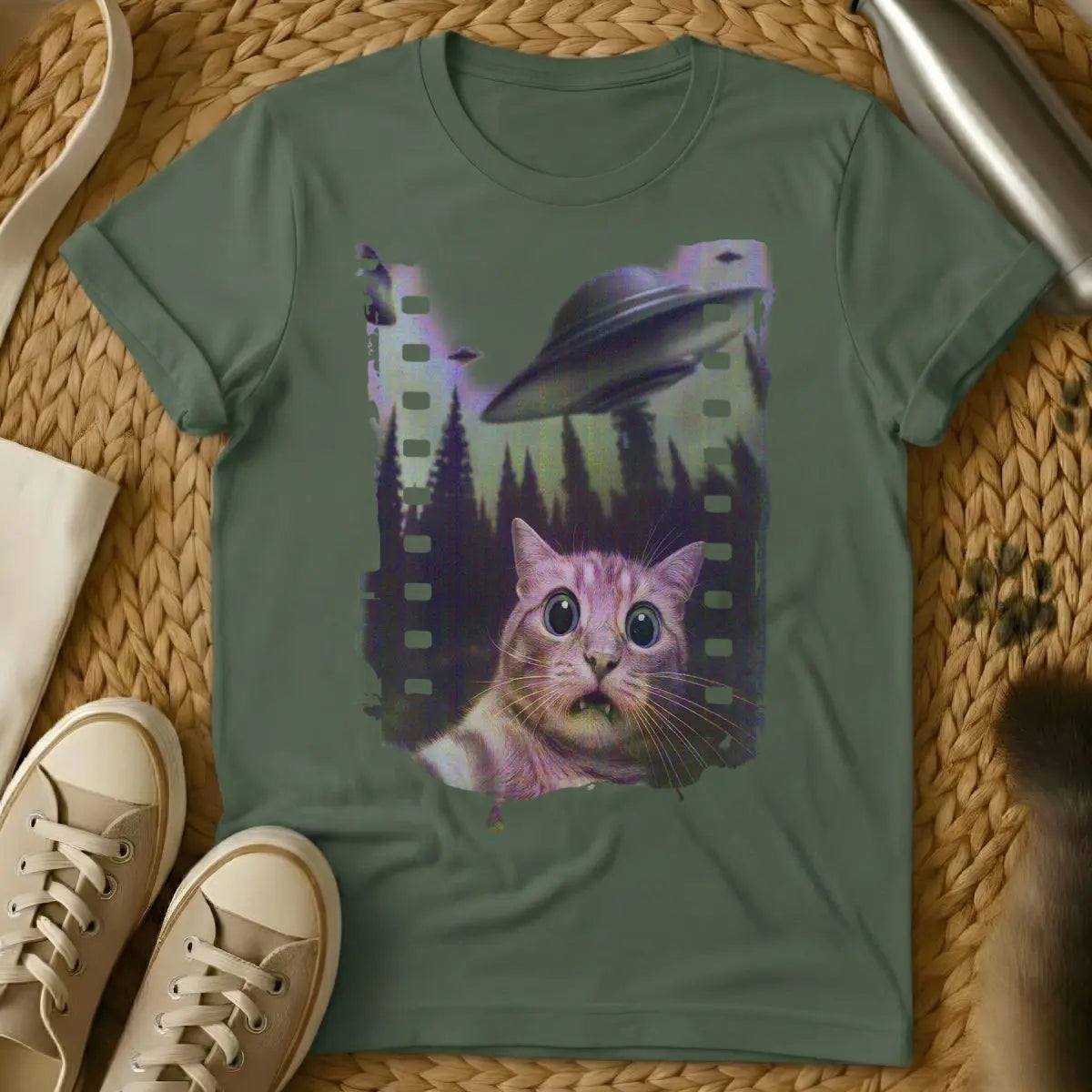 Cat UFO Shirt - Military Green T-Shirt - absurdist sci-fi, conspiracy cat, extraterrestrial feline