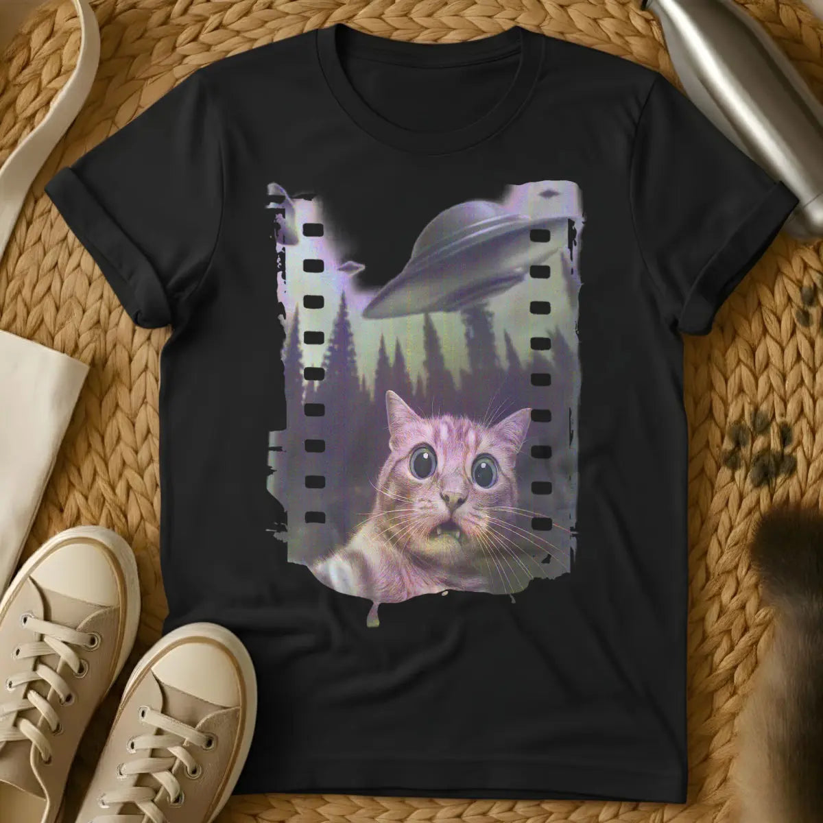 Cat UFO Shirt - Black T-Shirt - absurdist sci-fi, conspiracy cat, extraterrestrial feline