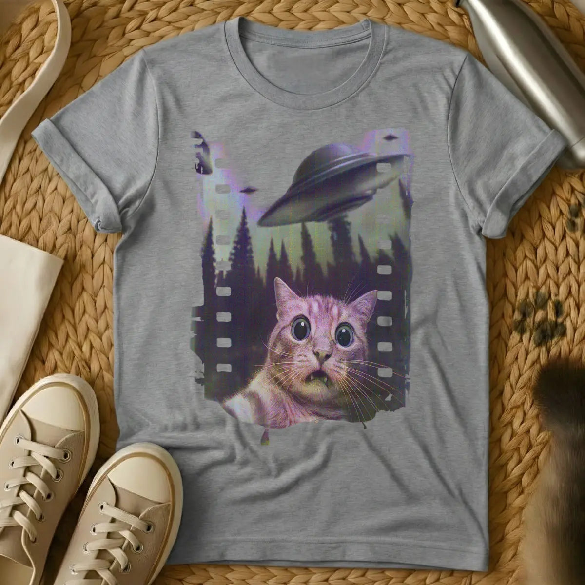 Cat UFO Shirt - Gray T-Shirt - absurdist sci-fi, conspiracy cat, extraterrestrial feline