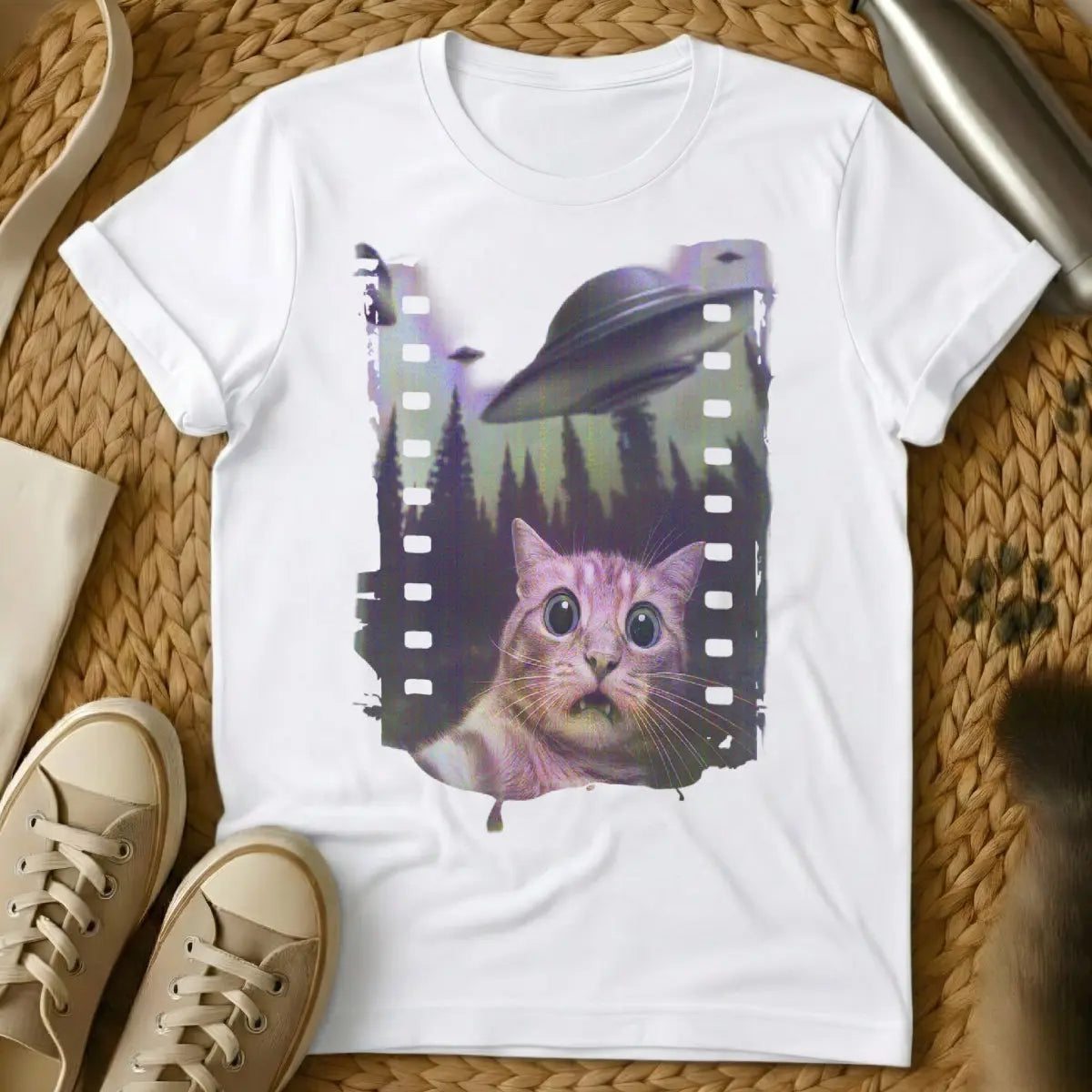 Cat UFO Shirt - White T-Shirt - absurdist sci-fi, conspiracy cat, extraterrestrial feline