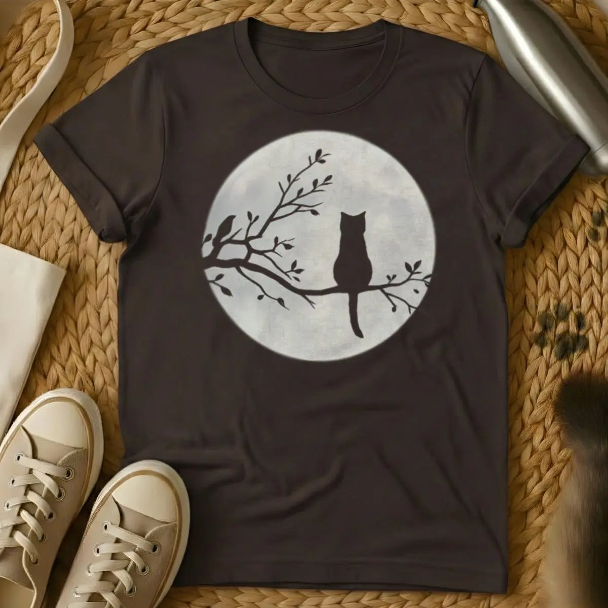 Cat Moon Cat Tee - Dark Chocolate T-Shirt - celestial cat, lunar feline, mystical cat art