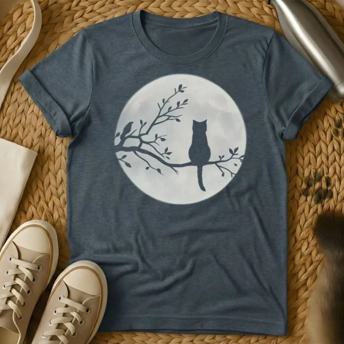 Cat Moon Cat Tee - Dark Heather T-Shirt - celestial cat, lunar feline, mystical cat art