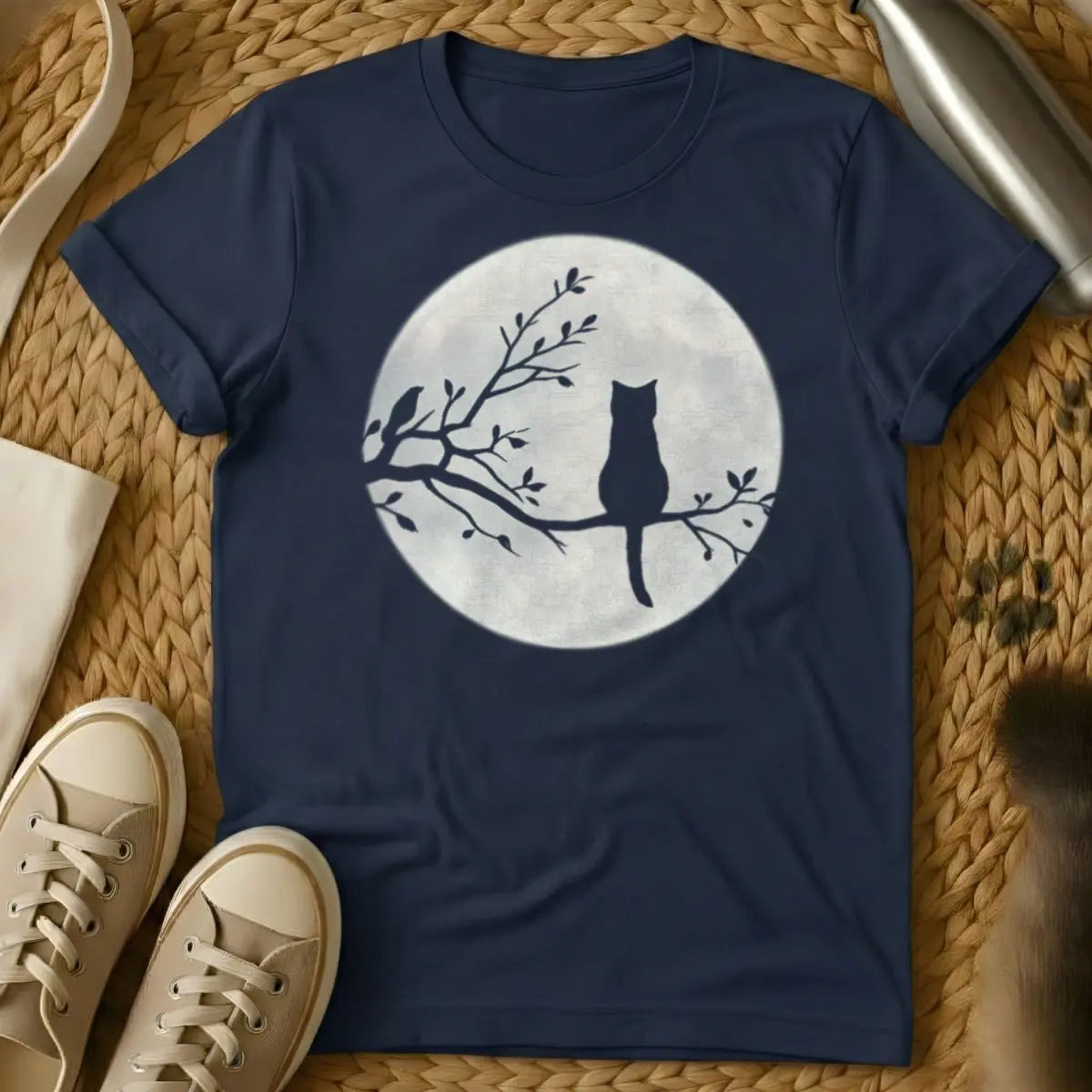 Cat Moon Cat Tee - Navy T-Shirt - celestial cat, lunar feline, mystical cat art