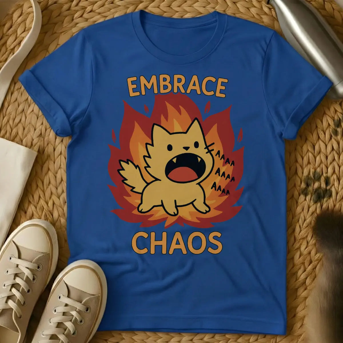 Embrace the Chaos Cat Shirt - Blue T-Shirt - cat parent humor, chaos theory cat, philosophical feline