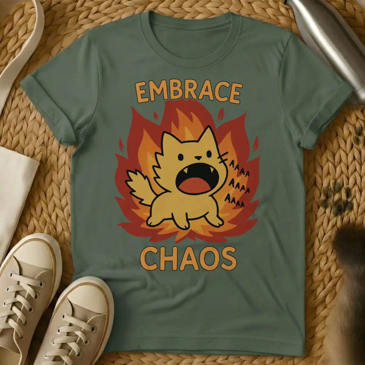 Embrace the Chaos Cat Shirt - Military Green T-Shirt - cat parent humor, chaos theory cat, philosophical feline