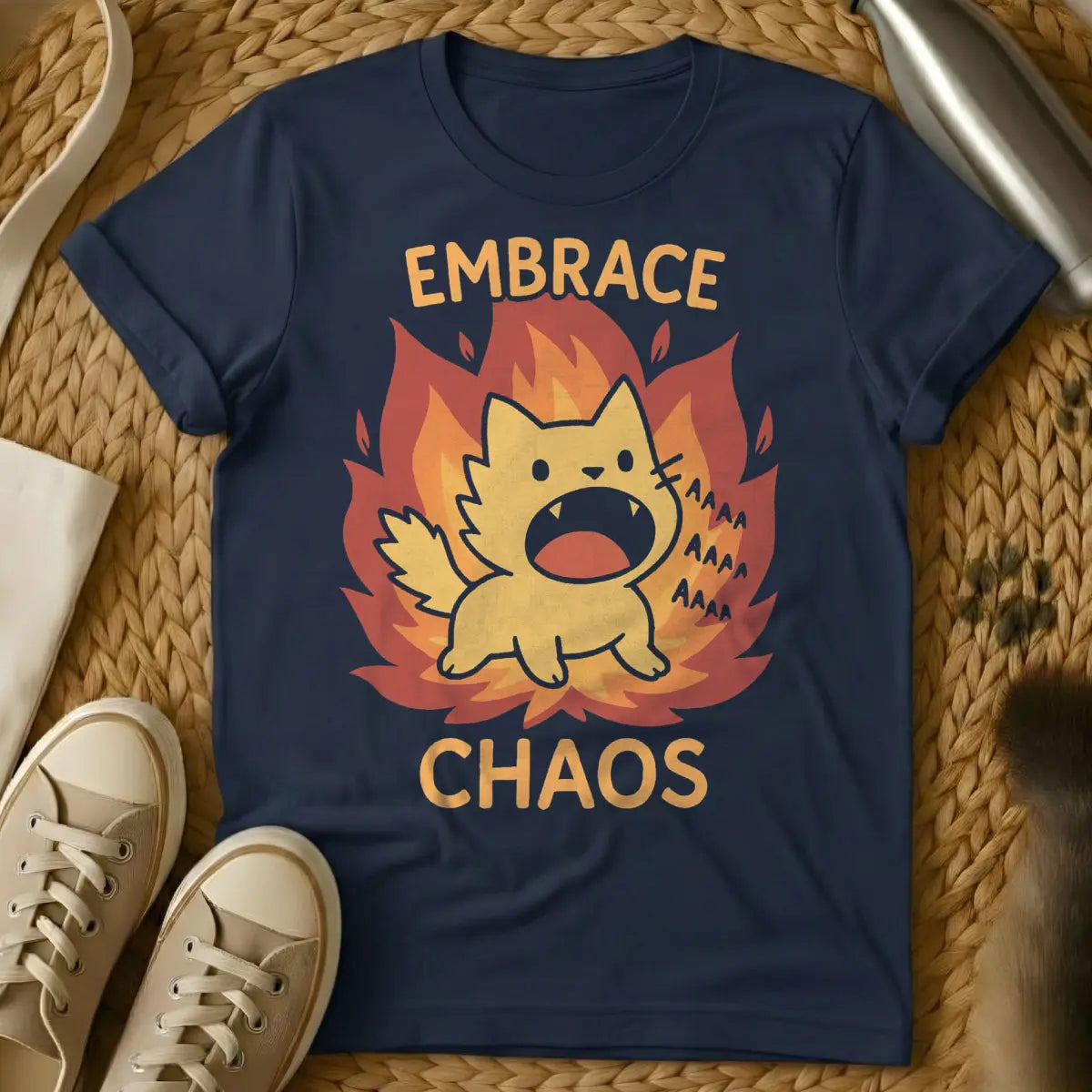 Embrace the Chaos Cat Shirt - Navy T-Shirt - cat parent humor, chaos theory cat, philosophical feline