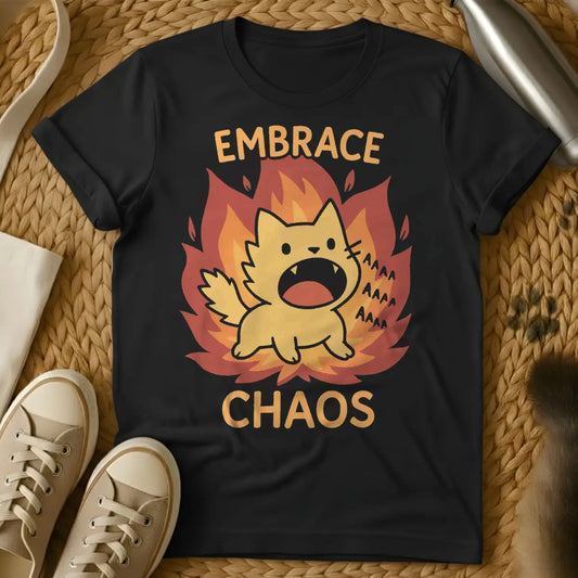 Embrace the Chaos Cat Shirt - Black T-Shirt - cat parent humor, chaos theory cat, philosophical feline