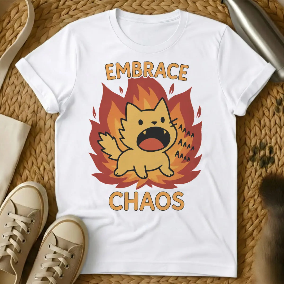 Embrace the Chaos Cat Shirt - White T-Shirt - cat parent humor, chaos theory cat, philosophical feline