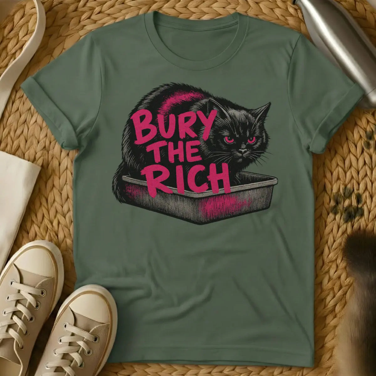 Stop Being Poor Cat Shirt - Military Green Cat T-Shirt