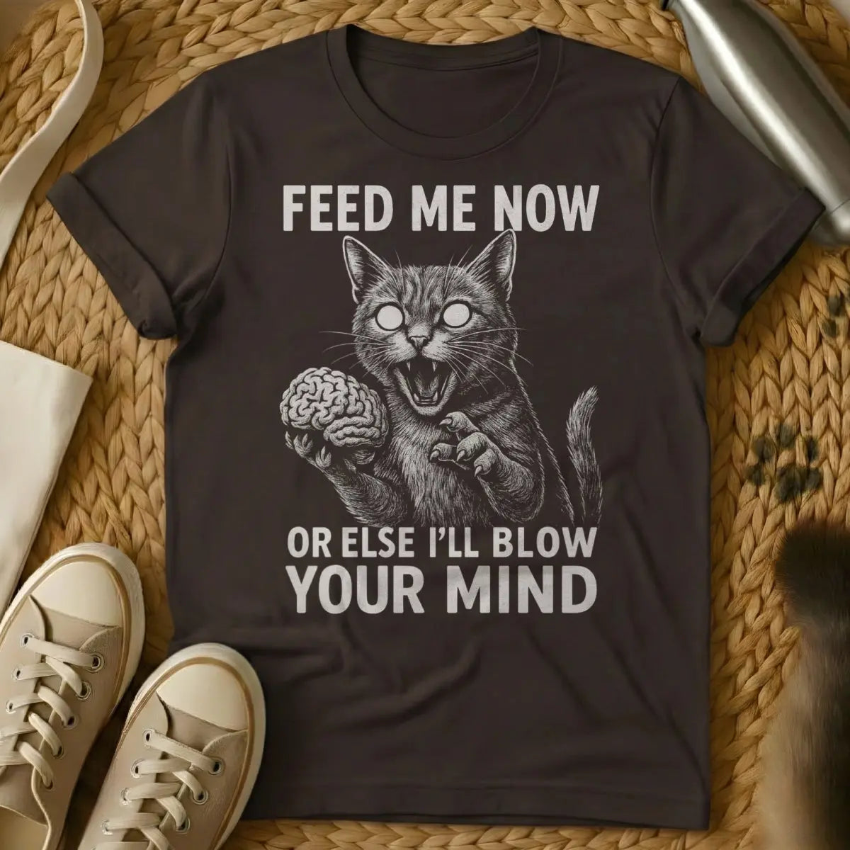 Feed Me Shirt - Dark Chocolate T-Shirt - 4 am cat, cat parent humor, demanding feline