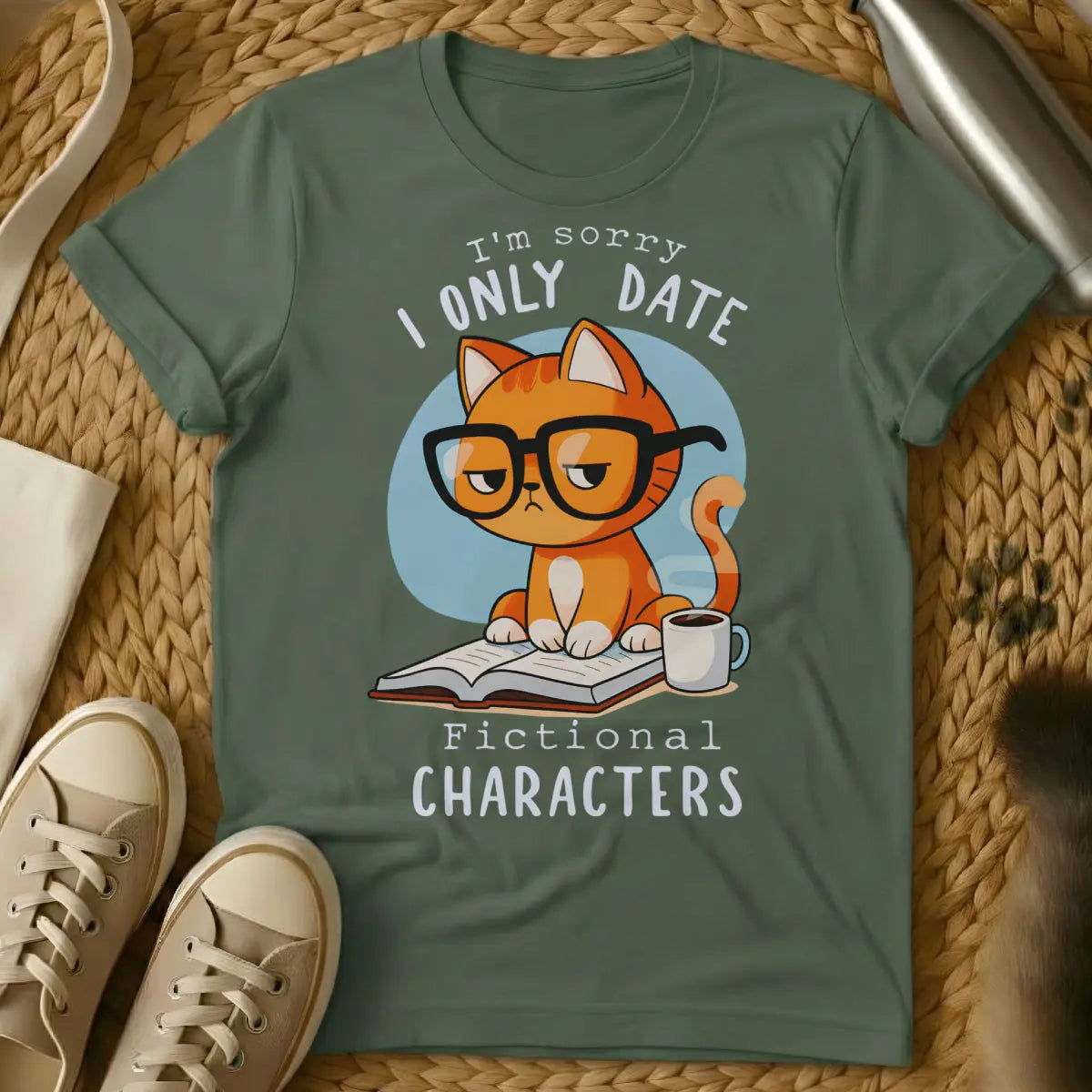 Reading Cat Shirt - Military Green Cat T-Shirt