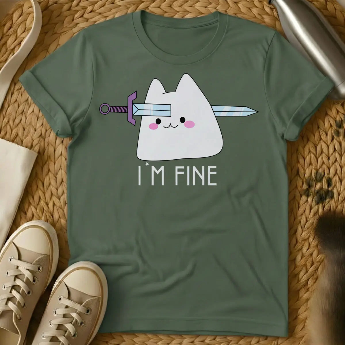 I’m Fine Shirt - Military Green Cat T-Shirt