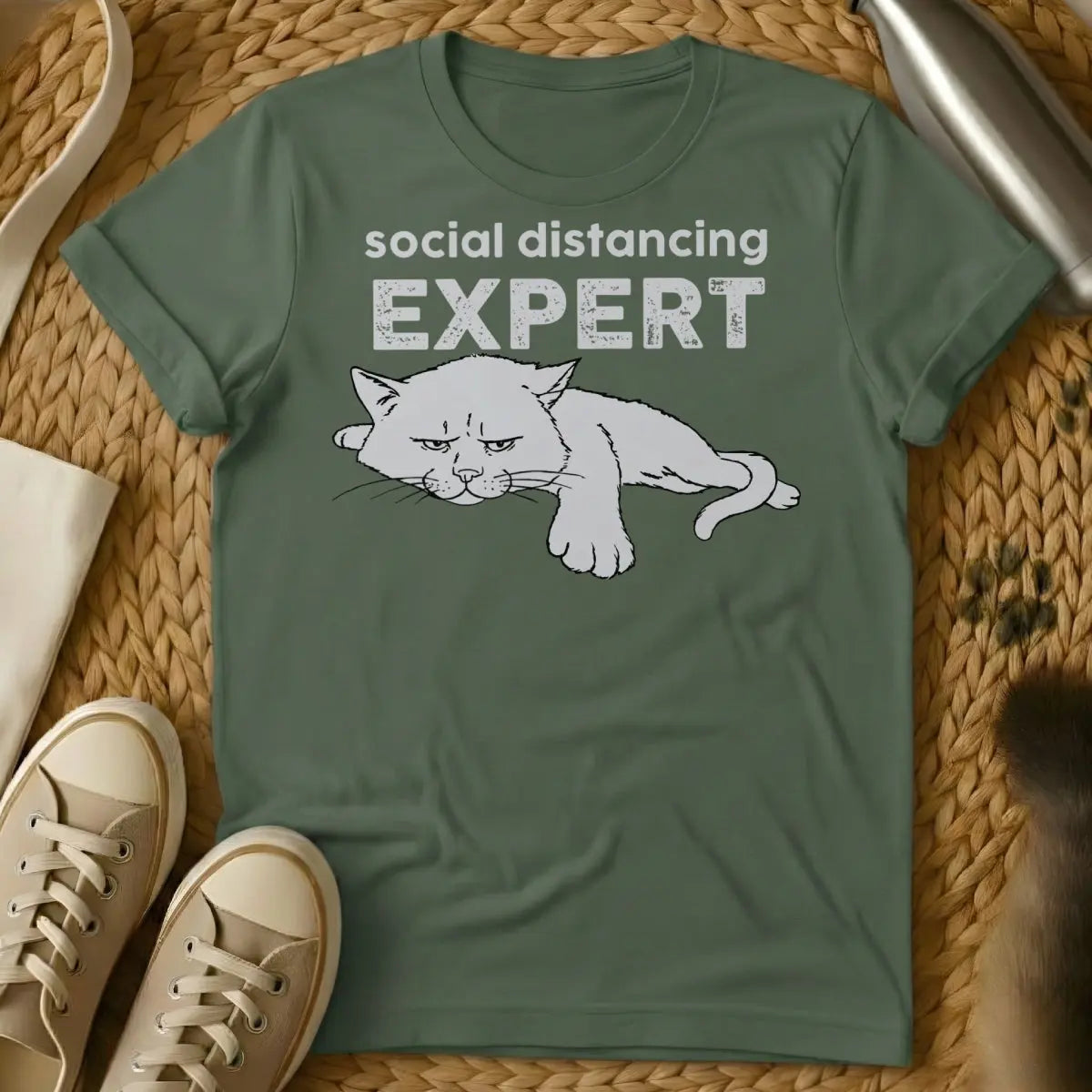 Social Distancing T Shirt - Military Green Cat T-Shirt